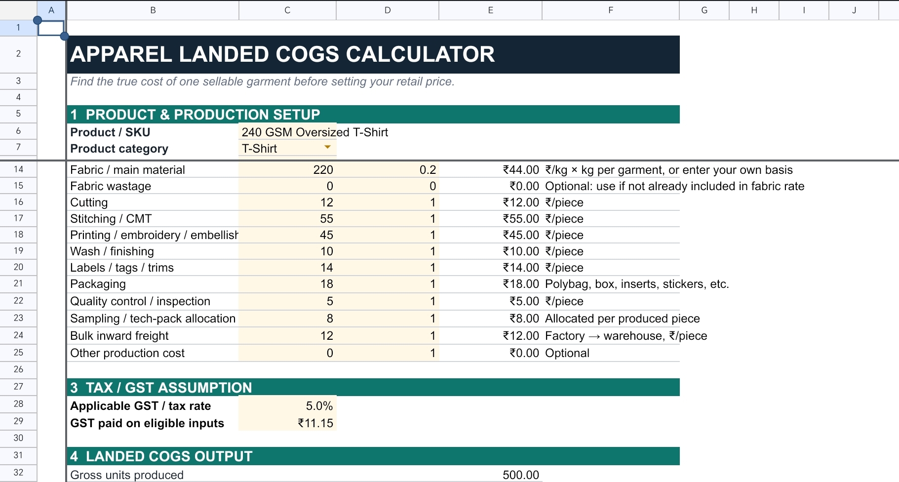 Apparel Landed COGS Calculator preview